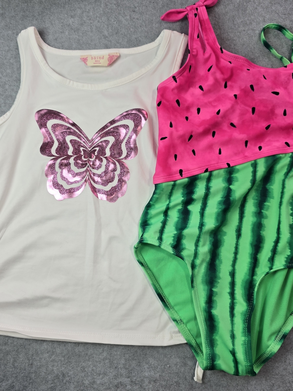 Girls White Tank with Pink Butterfly & Watermelon One-Piece Swimsuit Size 6